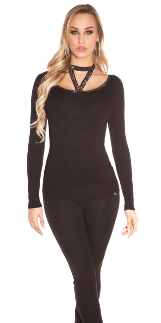 Trendy sweater with neck lacing & rivets Black